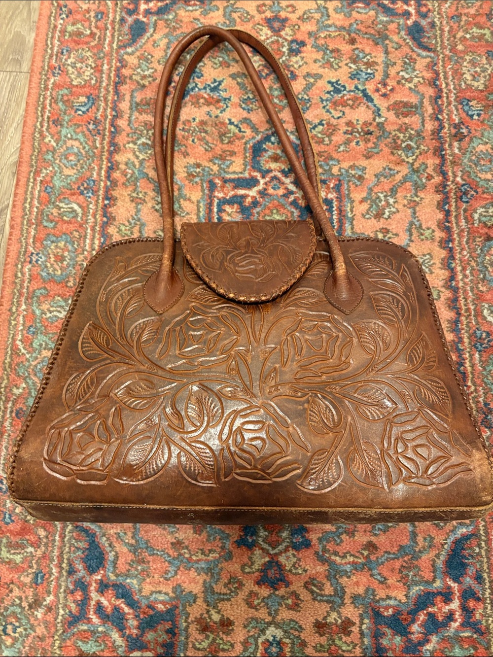 Hand-Tooled Leather Rose Tote in Brown